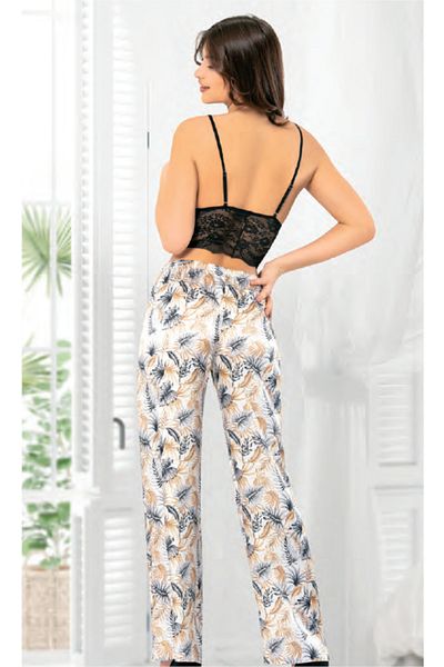 Miss Laris Lingerie Satin Black Lace 3-Piece Dressing Gown Pants Bralet Set – Patterned