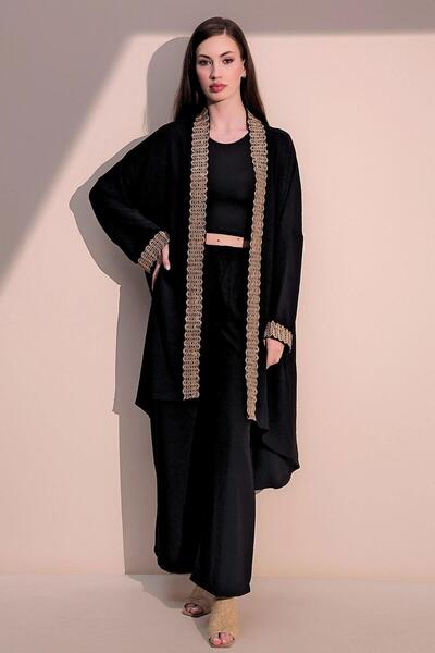 NEW LAVİVA Women's Black Stylish Straw Detailed Belted Casual Kimono - Suitab...