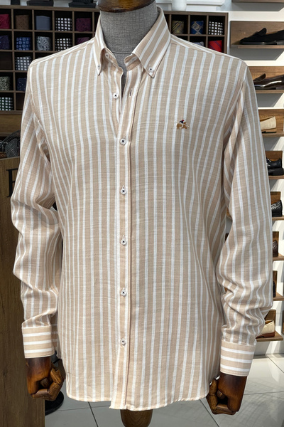 NAZEF Regular Fit Keten Görünümlü Çizgili Bej Pamuk Gömlek