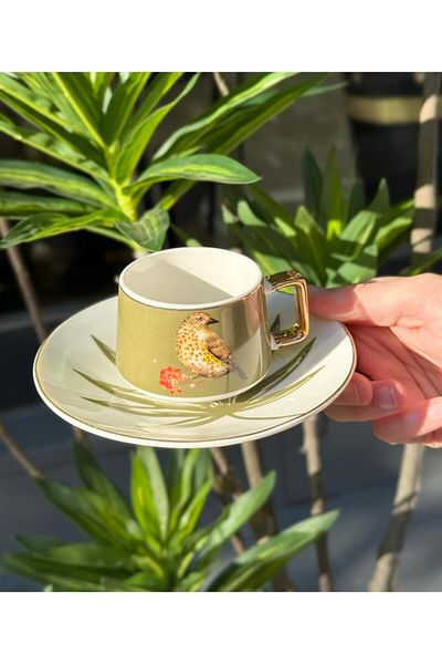 Onedekor Set of 6 Porcelain Coffee Cups Bird Green