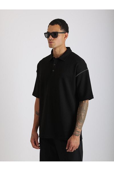 EGHO Shoulder Shepherd Stitch Detail Double Pique Fabric Loose Fit Men's Polo Neck T-Shirt