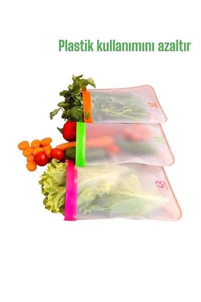 Saatistan Yıkanabilir 3’lü Gıda Saklama Poşeti 19x25 cm, büyük buz dolabı sebze ve meyve için