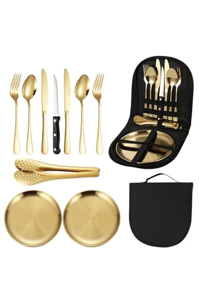 Generic مجموعة أدوات مائدة للتخييم من 10 قطع، مجموعة أدوات مائدة محمولة من ال...