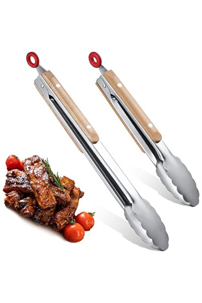 Generic 2 Pieces Barbecue Tongs Stainless Steel BBQ Tongs with Oak Wood Handl...