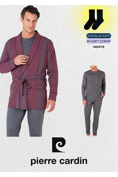 Pierre Cardin Men's 3-Piece Combed Cotton Robdoshambir & Long Sleeve Pajama Set Set (2 Socks Gift) L1.Pc.5635.02