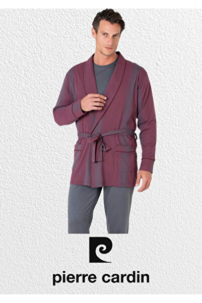 Pierre Cardin Erkek 3'lü Penye Robdöşambır - Uzun Kollu Pijama Takımı & Deri Terlik & Hakiki Deri Kemer Cüzdan Set