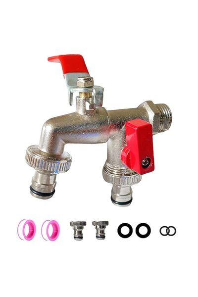 Generic حنفيات حنفية حديقة مزدوجة مع موصل، مدخل G1/2 بوصة، مخرجان G3/4 بوصة، ...