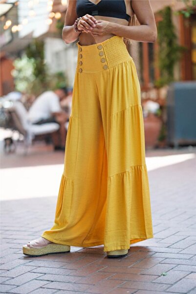 Miss Boheme Yellow Color Glitter and Button Detailed Bohemian Trousers
