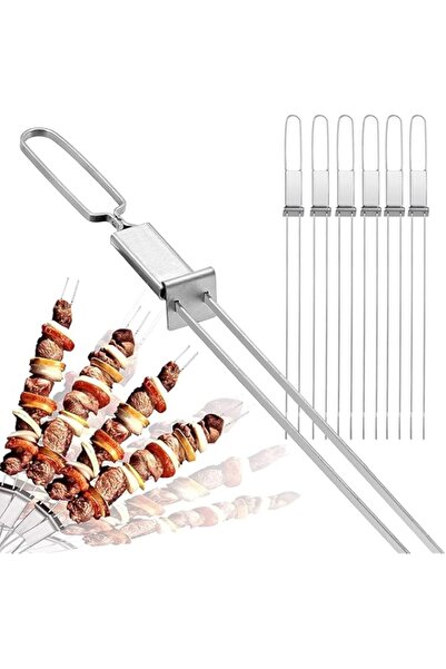 Generic Skewers for Grilling, Long Double Pronged BBQ Skewers with Push Bar, ...