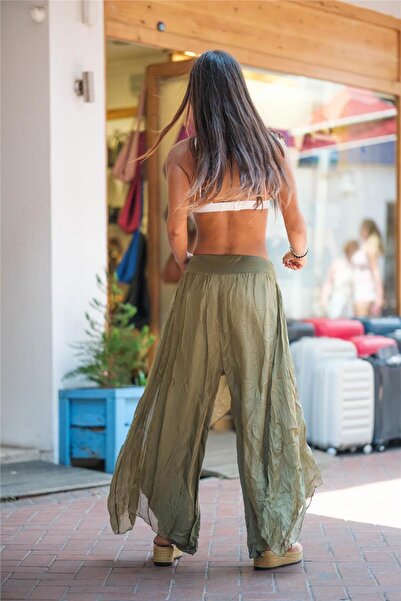Miss Boheme Khaki Color Asymmetric Silk Trousers