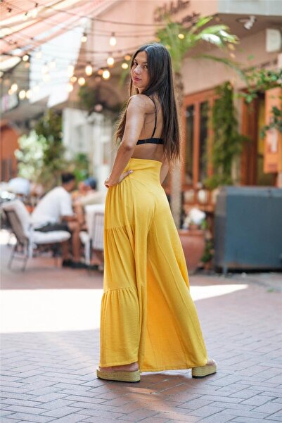 Miss Boheme Yellow Color Glitter and Button Detailed Bohemian Trousers