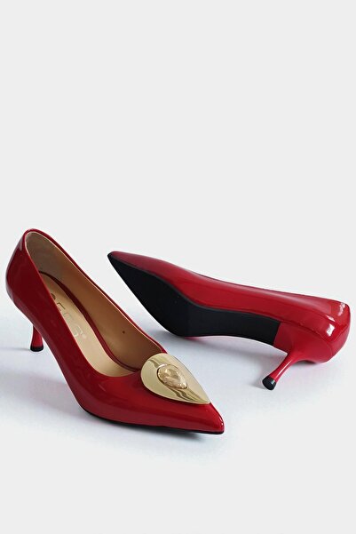 ERS Air Comfort Hakiki Rugan Deri Kırmızı Kadın Stiletto Gold Taş Tokalı 7 cm Şık Sivri Burun Topuklu Ayakkabı