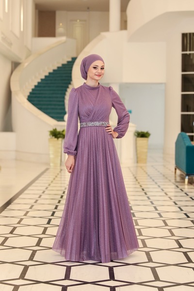 miss newal Dila Büyük Beden Tesettür Abiye Lavanta