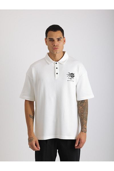 EGHO Chest Mykonos Embroidery Detailed Double Pique Fabric Loose Fit Men's Polo Neck T-Shirt