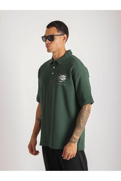 EGHO Chest Mykonos Embroidery Detailed Double Pique Fabric Loose Fit Men's Polo Neck T-Shirt