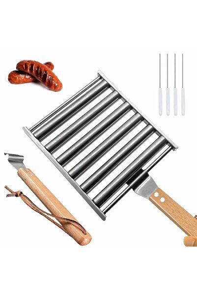 Generic شواية هوت دوج دوارة، رف أسطوانة سجق من الفولاذ المقاوم للصدأ بمقبض خش...