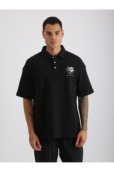 EGHO Chest Mykonos Embroidery Detailed Double Pique Fabric Loose Fit Men's Polo Neck T-Shirt