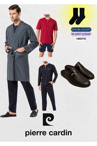 Pierre Cardin Men's 5 Piece Robdöşambr & Long Sleeve - Short Sleeve Suit & Leather Slippers L1.Pc.5560.291