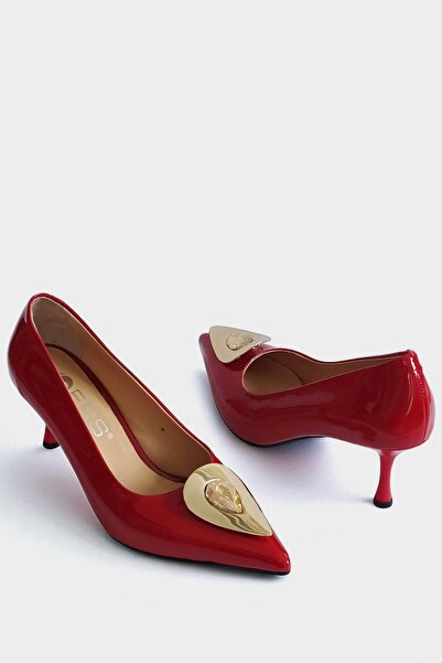 ERS Air Comfort Hakiki Rugan Deri Kırmızı Kadın Stiletto Gold Taş Tokalı 7 cm Şık Sivri Burun Topuklu Ayakkabı