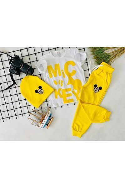 gnygiyim Boy's 3-Piece Style Character Patterned Beret Bottom Top Set