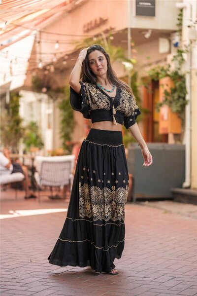 Miss Boheme Black Color Floral Embroidered Skirt Blouse Set