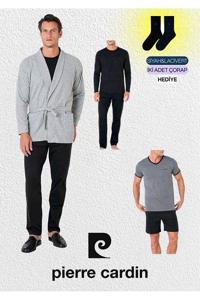 Pierre Cardin Men's Clothing 5 Piece Boxed 100% Cotton Robdöşambır & Pajama Set Set (2 Socks Gift)