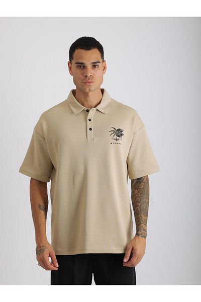 EGHO Chest Mykonos Embroidery Detailed Double Pique Fabric Loose Fit Men's Polo Neck T-Shirt