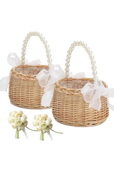 Generic ELECDON Wicker Rattan Flower Girl Basket Flower Girl Basket with Pear...