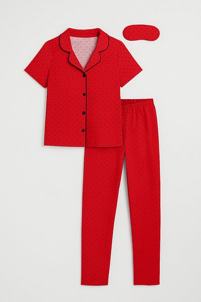 Magu Girls Red Polka Dot Triple Pajamas Set – Short Sleeve Top, Long Bottom and Eye Patch