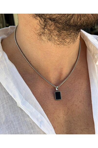 Fjellor Butch Erkek Minimal Dikdörtgen Siyah Oniks Doğal Taş Uçlu Çelik Kolye