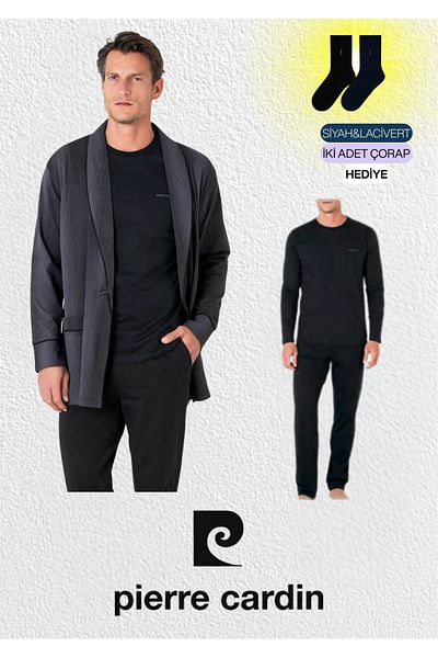 Pierre Cardin Men's 3-Piece Combed Cotton Robdoshambir & Long Sleeve Pajama Set Set (2 Socks Gift) L1.Pc.5635.02