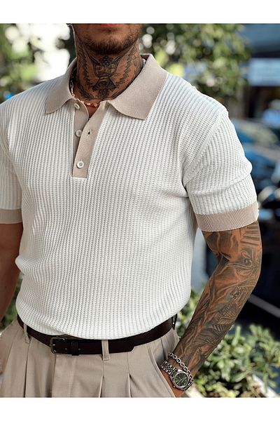 manch collection Double Color Knitted Polo Neck Sweater White