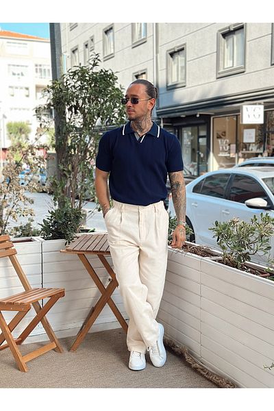 manch collection Collar Stripe Detailed Polo Neck Knitwear Navy Blue