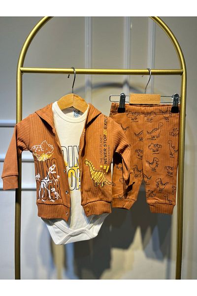 baume clothes Dinosaur Brown 3-Piece Ribbed Men's Bottom-Top Set