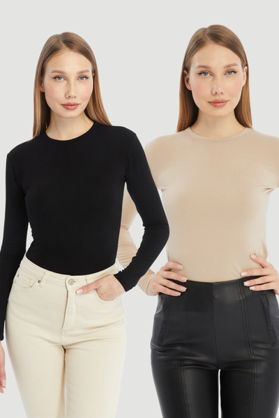 LAENT Women's Black Cream Round Neck 2-Piece Bodysuit