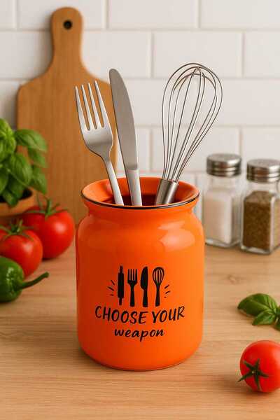 Dekorasyaa Countertop Ceramic Multi-Purpose Upright Cutlery Holder - Orange
