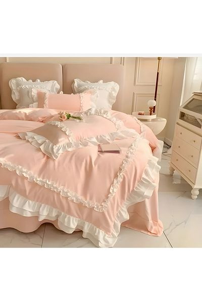 METİNEV Ruffled Pink Cotton Satin Duvet Cover Set – Single