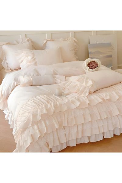 METİNEV Ruffled Powder Color Cotton Satin Duvet Cover Set – Single