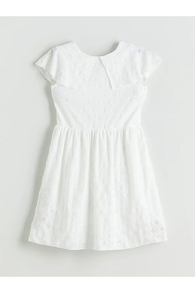 LC Waikiki Lcw Kids White Crew Neck Girl's Dress with Scallop Detail