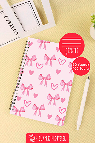 Anime Marketi A5 Spiral School Notebook with Heart and Ribbon Design 50 Sheets 100 Pages - Lined