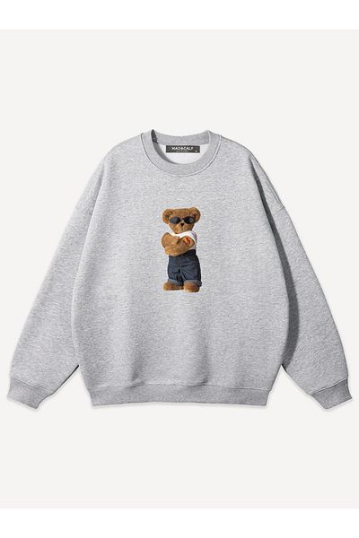 Mad&Calf Unisex Teddy Bear Printed Crew Neck Oversize Sweatshirt