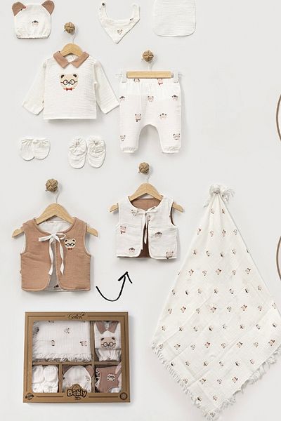 Cherub Baby Muslin Fiber Vest Teddy Bear Patterned Baby Boy Newborn 10 Piece Hospital Release Bodysuit Set
