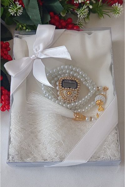 hira tasarım Needle-Embroidered Guipure Prayer Cover with Stones, Prayer Beads Set, Mother's Circumcision, Mevlid Gift