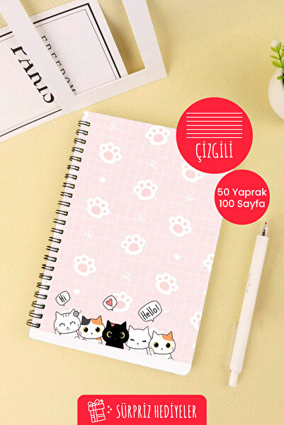 Anime Marketi دفتر مدرسي حلزوني مقاس A5 بتصميم قطط لطيفة 50 ورقة 100 صفحة - مسطر