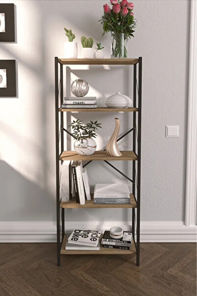 WANDOO 5 Raflı Çok Amaçlı Metal ve Ahşap Dolap – Kitaplık, Mutfak, Kırtasiye ve Banyo Rafı – 60x30x150 cm
