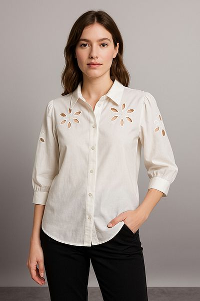 Noi Belis White Brode Detailed Short Sleeve Woven Shirt Ss25Go0012