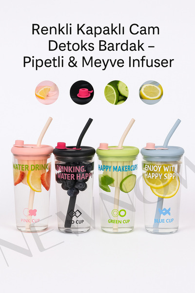 NEWNOW Renkli Kapaklı Cam Detoks Bardak Pipetli & Meyve Infuser
