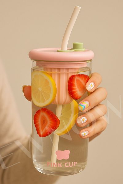 NEWNOW Colored Lid Glass Detox Cup with Straw & Fruit Infuser