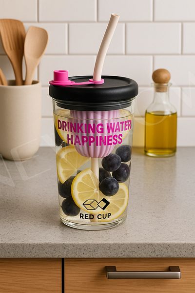 NEWNOW Colored Lid Glass Detox Cup with Straw & Fruit Infuser