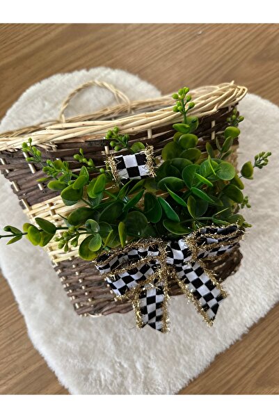 Marrone “Siyah Beyaz Kurdeleli Yapay Yeşillikli Sepet Kapı ve Duvar Süsü – De...